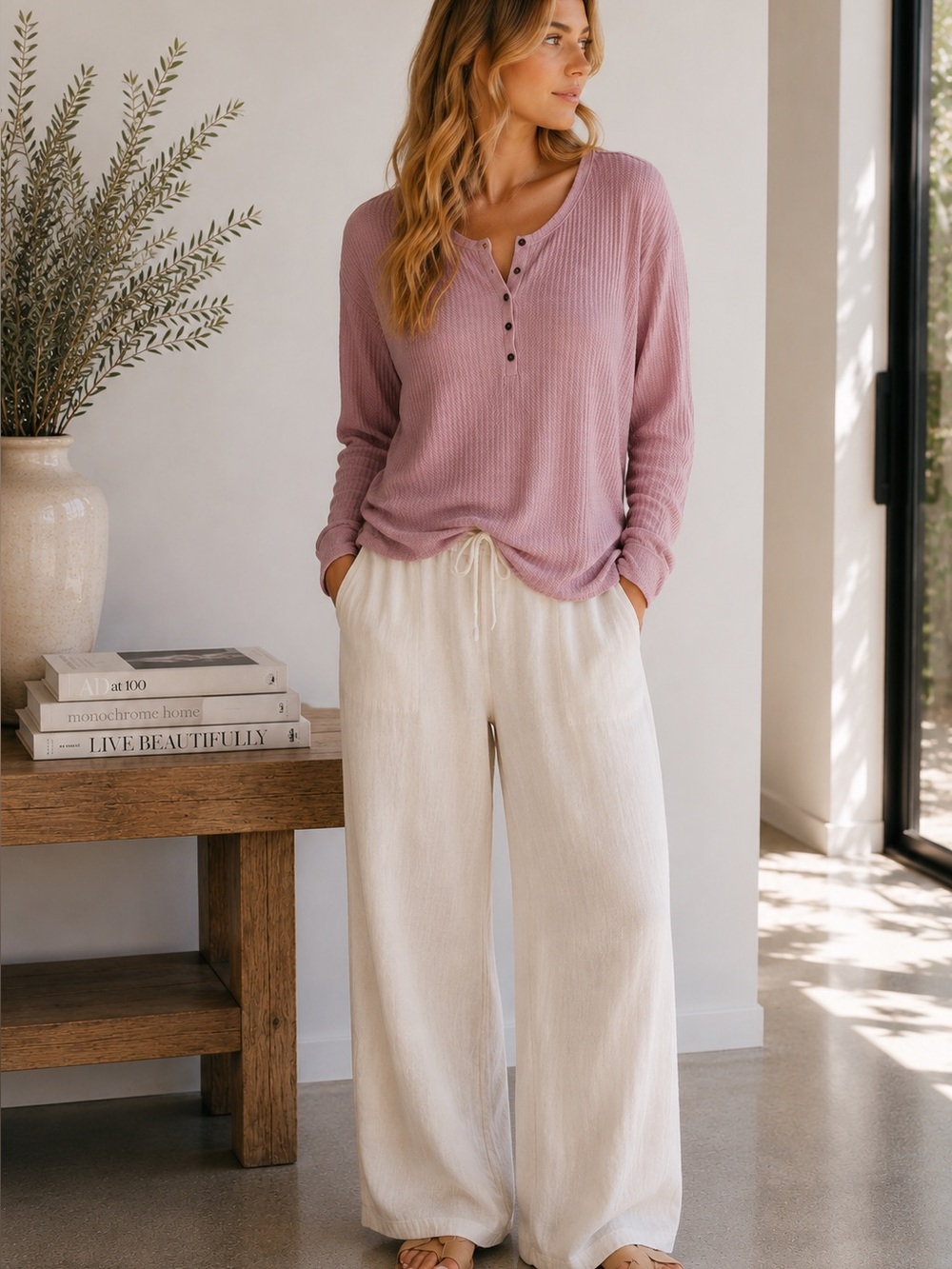 Caslon Waffle Knit Henley Top Pink 0X